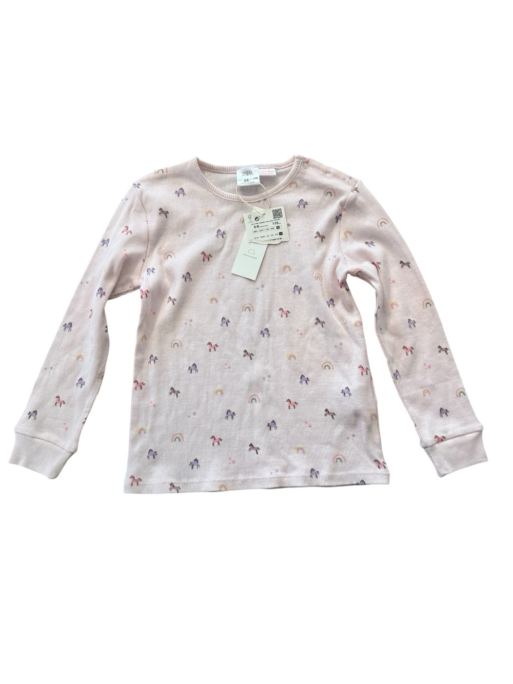 Zara Light Pink Long-Sleeve Tee with Rainbow & Pony Motifs